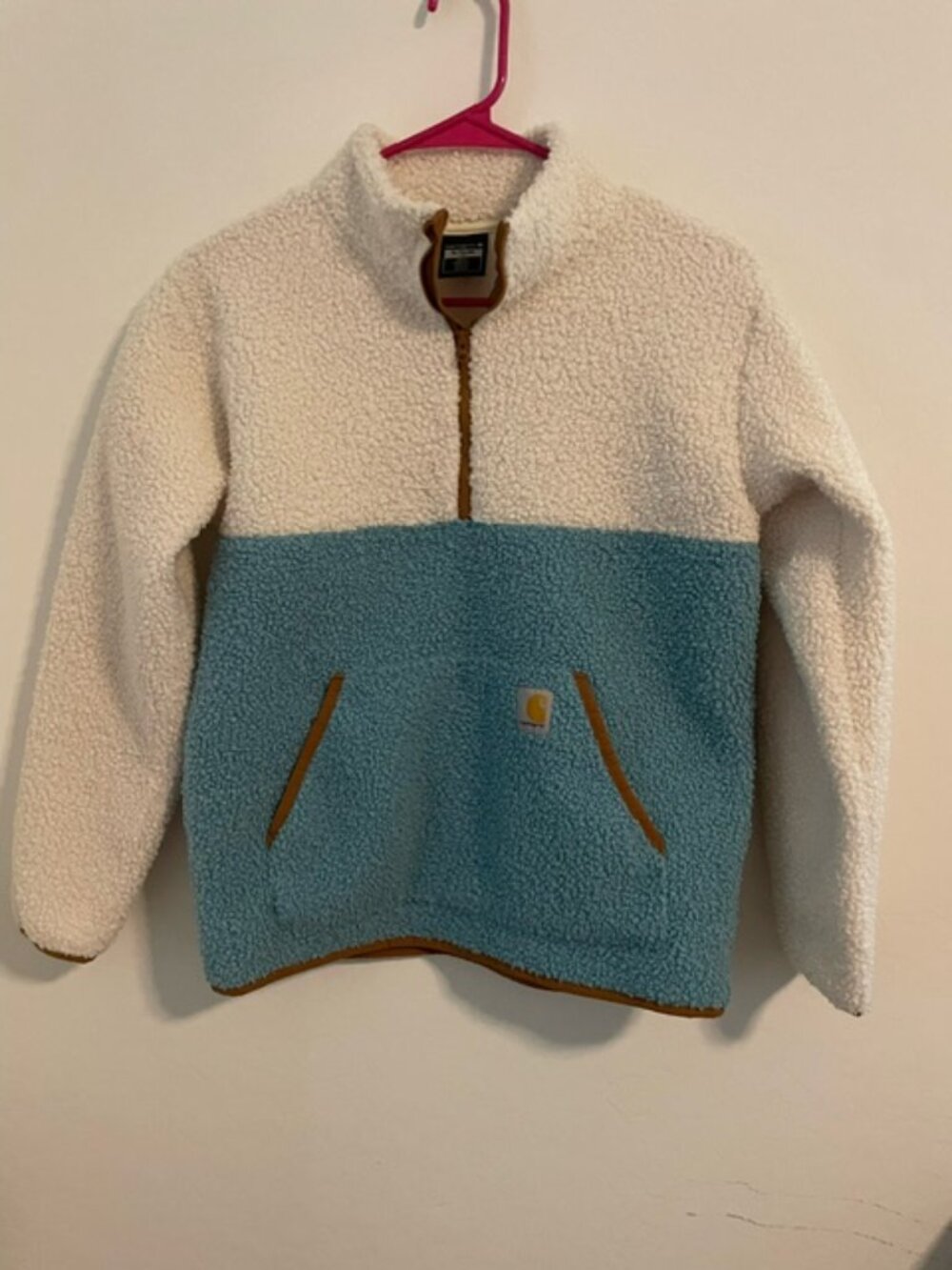 CARHARTT unisex LONG-SLEEVE sherpaFLEECE QUARTER-ZIP SWEATSHIRT XL 14 cream/blue